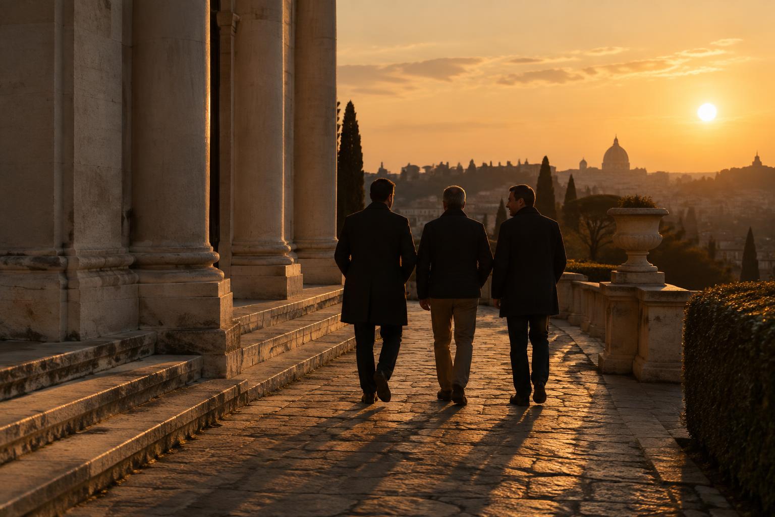 Homens caminhando juntos vistos de costas ao entardecer
