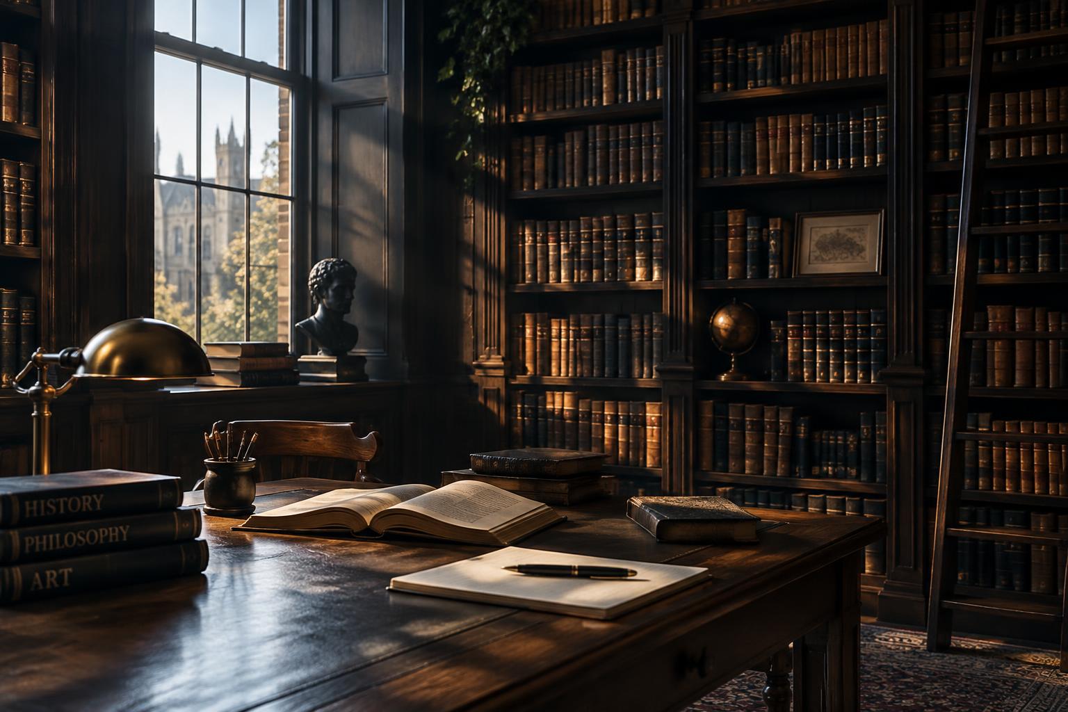 Biblioteca clássica com mesa de estudo e livros abertos