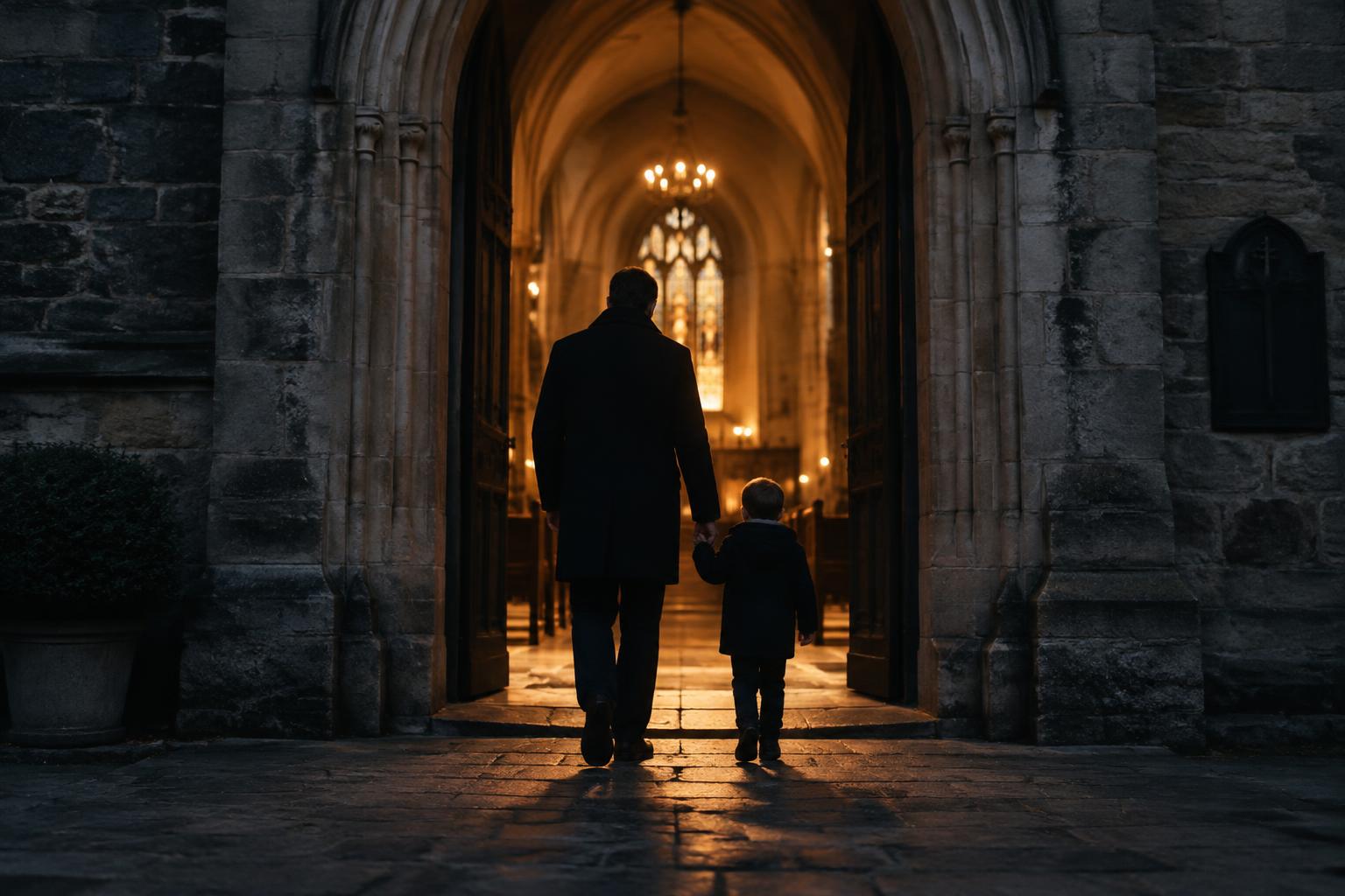 Pai e filho caminhando de mãos dadas em direção a uma igreja